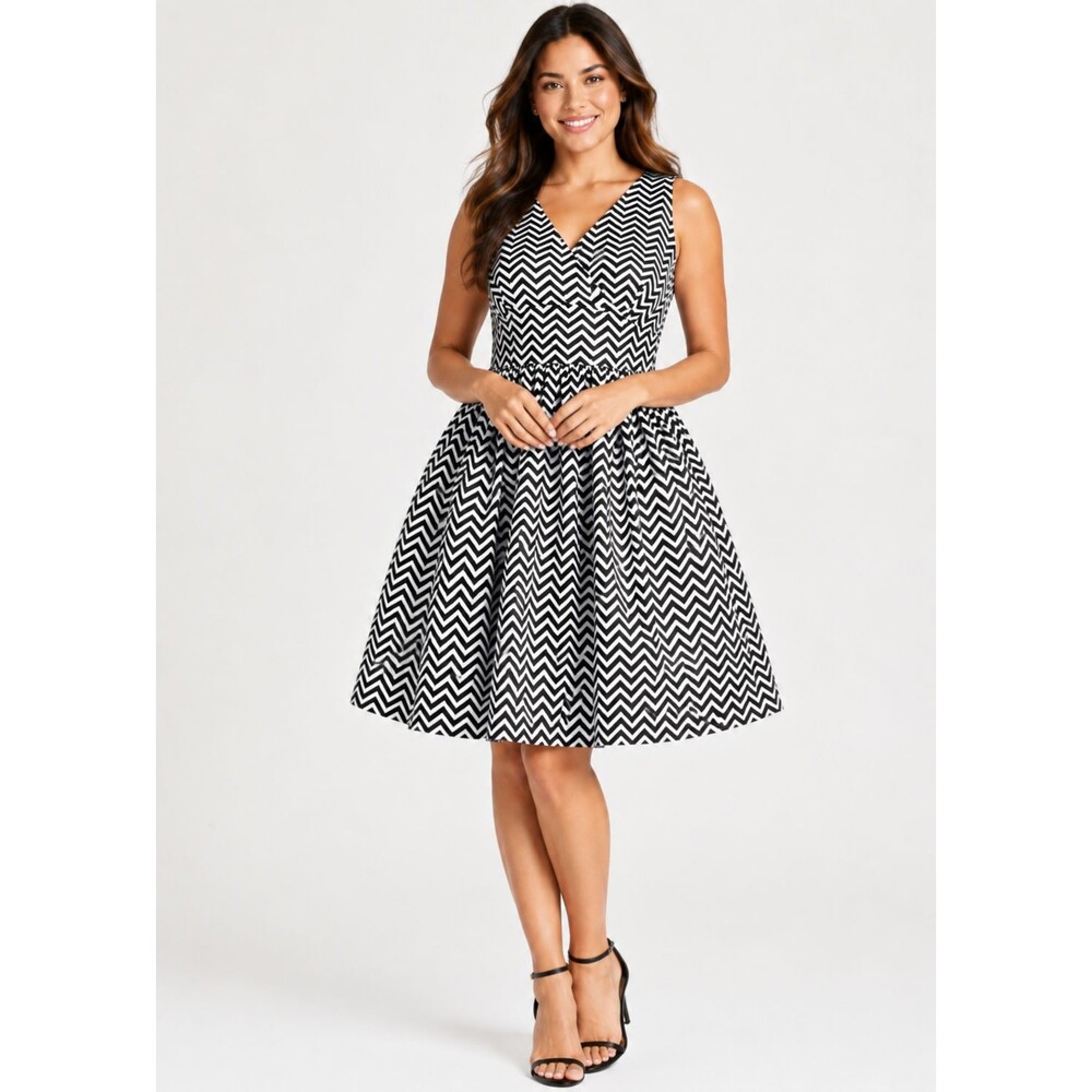 Halogen Women’s 14 Black White Chevron Satin Surplice V Neck Fit Flare Dress